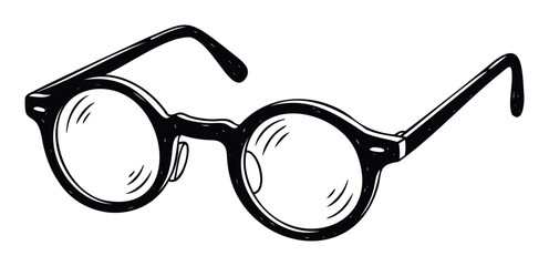 Vintage inspired handdrawn blackframed round eyeglasses, ideal for educational content, reading themed visuals, optical business branding, or intellectual product designs.