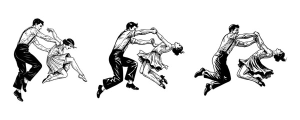 Set Of Energetic Retro Couples Dancing Swing And Jitterbug Illustration