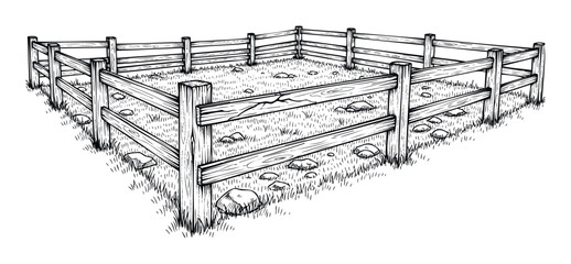 Rustic wooden fence creating a square enclosure on grassy ground with scattered rocks, a classic representation for farm, ranch, property, or outdoor nature themes.