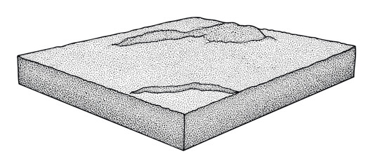 Isometric view of a textured block displaying landforms and geological stratification, suitable for educational content, scientific diagrams, and conceptual environmental modeling.