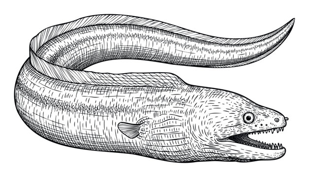 Highly detailed black and white engraving style illustration of a formidable moray eel with an open mouth and sharp teeth, ideal for oceanic wildlife themes, aquatic restaurant decor, or