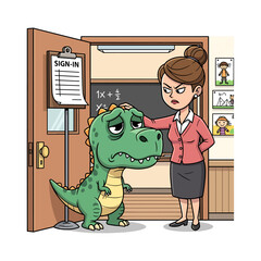 Funny Sad T-Rex Student With Stern Teacher At Classroom Door Illustration