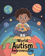 World Autism Awareness Day Illustration with Calm Child and Sensory Toy in Space Theme