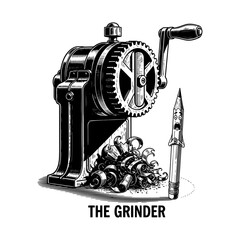 Funny Scared Pencil Character Standing Next To Vintage Sharpener The Grinder Illustration