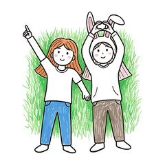 Cute Girls Lying On Grass Making Heart Shape And Pointing Up Illustration