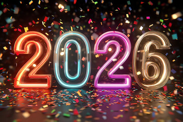 A colorful neon sign displaying the year 2026 amidst confetti and celebration