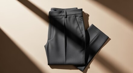 A pair of folded dark gray tailored trousers rests flatly on a beige surface, sharply illuminated by diagonal natural sunlight creating strong shadows.