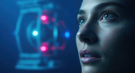 Close-up profile view captures a woman's contemplative face illuminated by soft light near a glowing futuristic device or energy source in a dark blue environment.