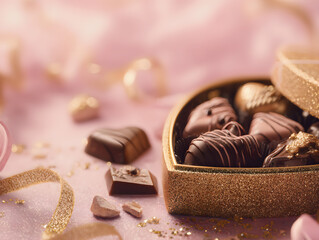Chocolate  in heart shape box on pink background.
