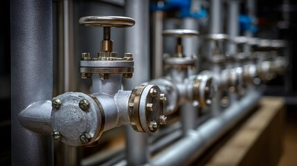A close up view of a complex industrial piping network featuring numerous metallic valves and connections highlighting intricate engineering