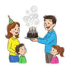 Funny Father Presenting Burnt Birthday Cake To Concerned Family Illustration