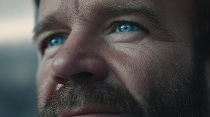 Obraz premium a rugged man with intense blue eyes gazes thoughtfully into the distance conveying a mix of emotions and depth in his expression