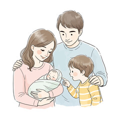 Cute Family Illustration With Son Pointing Curiously At Newborn Baby Sibling