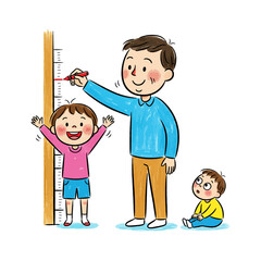 Happy Father Measuring Son's Height On Wall Ruler Milestone Illustration