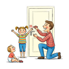 Happy Father Measuring Daughter's Height On Doorframe Milestone Illustration