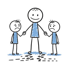 Funny Happy Stick Figure Father Holding Hands With Two Sad Sons Illustration