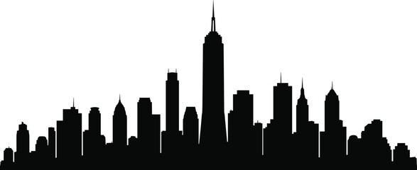 Obraz premium Modern city skyline silhouette with skyscrapers and iconic towers, minimalist urban panorama in black and white for architecture, travel, and business design use