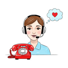 Friendly Customer Service Woman With Headset And Red Phone Thinking Of Love Illustration