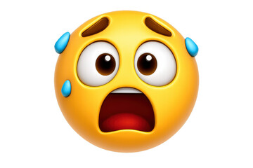 Yellow 3d rendering emoji face showing a distressed expression, sweating with wide eyes and open mouth, on a transparent background