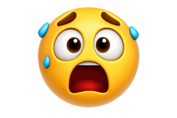Yellow 3d rendering emoji face showing a distressed expression, sweating with wide eyes and open mouth, on a transparent background