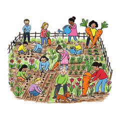 Diverse Community Group Gardening Together Planting And Harvesting Illustration