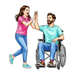 Happy Woman And Man In Wheelchair High Fiving Celebrating Success Illustration