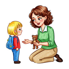 Kind Woman Offering Teddy Bear To Shy Little Girl With Backpack Illustration