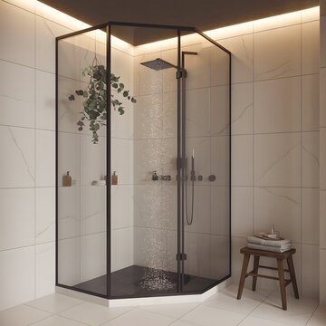 Corner Shower Enclosure with Rainfall Showerhead and Hanging Plant 