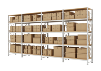 Warehouse shelving with boxes transparent background cutout png