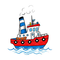 Cute Cartoon Red Tugboat Floating On Blue Sea Waves Illustration