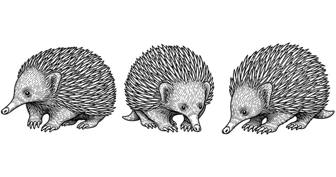 Detailed black and white illustration of three echidnas with spiky fur