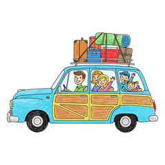 Happy Family Driving Blue Car With Luggage On Roof Going On Vacation Illustration