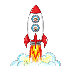 Cute Cartoon Rocket Ship Launching With Two Little Astronauts Illustration