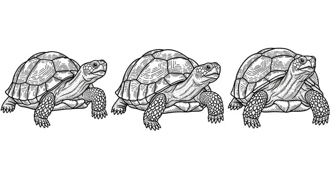 Detailed black and white tortoise illustrations in trio formation