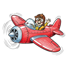Cute Cartoon Red Vintage Airplane With Waving Boy Pilot Illustration