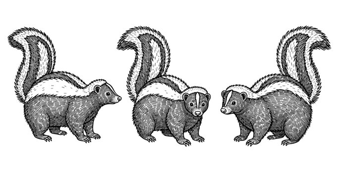 Detailed engraving of three skunks in various poses with bushy tails
