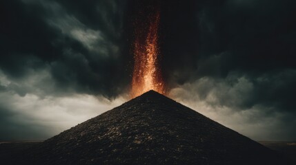 an aweinspiring view of a volcanic eruption showcasing a burning mountain spewing lava into the sky while ominous storm clouds gather overhead evoking the raw force of nature