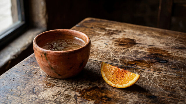 Artistic macro shot of smoky mezcal in clay copita traditional Oaxacan cup on centuries-old wooden cantina table, mezcal perfectly clear with oily texture visible on surface creating patterns