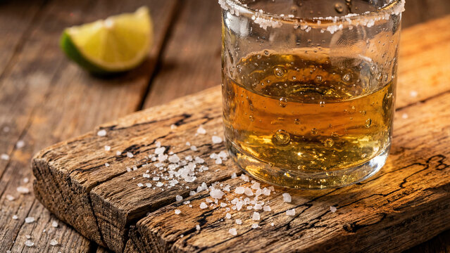 Macro photograph of gold tequila in traditional handblown Mexican glass tumbler with irregular bubbles in glass, liquid warm golden color showing aging in oak barrels, salt crystals scattered