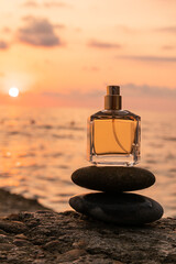A chic bottle of perfume stands on the round stones of the sea on the edge of the pier against the sunset. A blank bottle mockup. vertical front view
