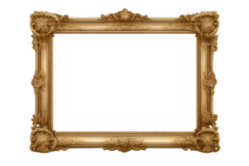 Ornate gold picture frame with baroque rococo style carving, antique vintage border element, transparent background