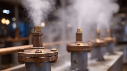 Close up on industrial valves and pipes as they release plumes of white steam and vapor in a factory production environment