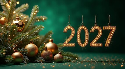 Christmas and New Year 2027 Gold Numbers with Pine Branches on Emerald Green Background