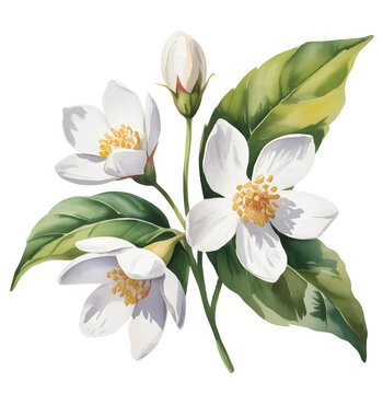 White jasmine flower branch painted in soft hand drawn watercolor style isolated on white background.