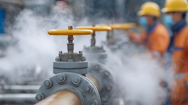 Industrial valves and pipes emitting steam with workers in the background