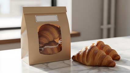 Delicious golden croissants in a brown paper bag on marble countertop