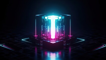 Futuristic digital core processing vibrant neon data streams within a dark technological environment creating abstract energy