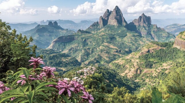 a picturesque view of vibrant green hills in ethiopia dotted with colorful meskel flowers evoking a sense of rejuvenation and optimism under a serene blue sky