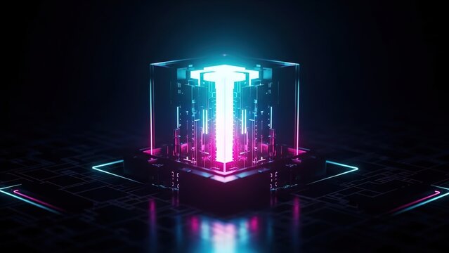 Futuristic digital core processing vibrant neon data streams within a dark technological environment creating abstract energy - Powered by Adobe