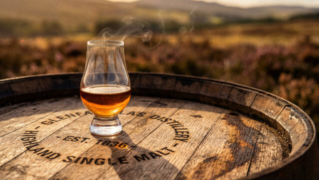 Macro photograph of Scottish single malt whisky in Glencairn glass on antique Scottish oak whisky barrel lid, whisky rich copper-amber color with perfect clarity showing no sediment, glass positioned